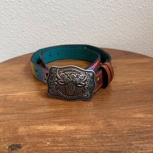 Multicolor Leather Belt with Bull Buckle